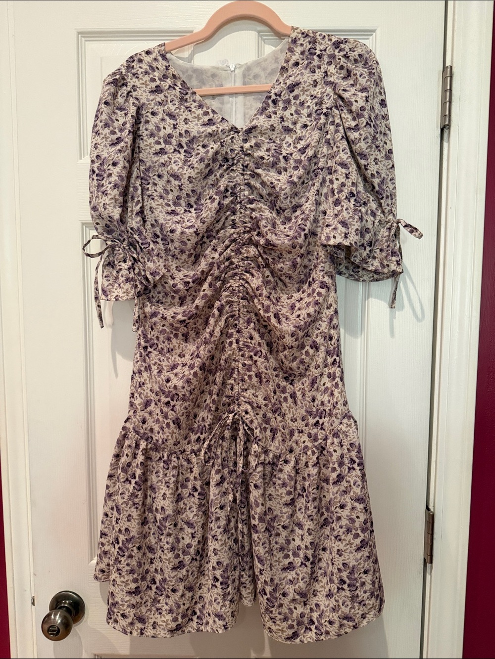 Lavender Floral Ruched Midi Dress with Puff Sleeves